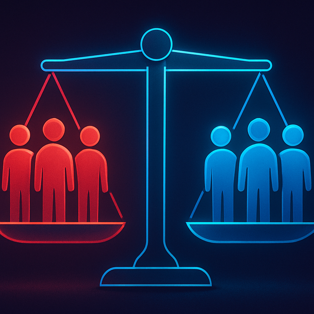 Two groups of people balanced on opposite sides of a glowing scale, representing chud and woke values